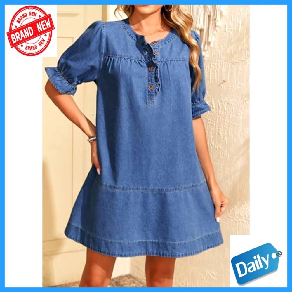 Denim Babydoll Dress Casual Button Front Ruffle Sleeve Loose Fit Mini - Picture 5 of 7